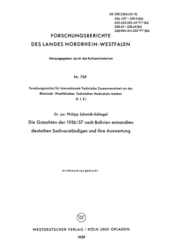 Die Gutachten der 1956/57 nach Bolivien entsandten deutschen Sachverständigen und ihre Auswertung