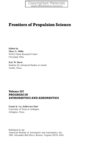 Frontiers of Propulsion Science - Progress in Astronautics and Aeronautics, Volume 227