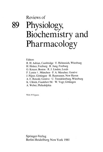 Reviews of Physiology, Biochemistry and Pharmacology, Volume 89