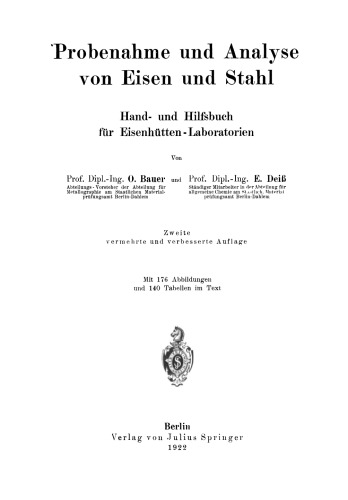 Probenahme und Analyse von Eisen und Stahl: Hand- und Hilfsbuch für Eisenhütten-Laboratorien