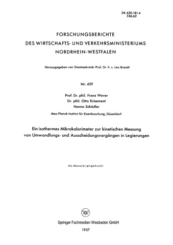 Ein isothermes Mikrokalorimeter zur kinetischen Messung von Umwandlungs- und Ausscheidungsvorgängen in Legierungen