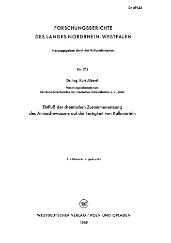 Einfluß der chemischen Zusammensetzung des Anmachewassers auf die Festigkeit von Kalkmörteln