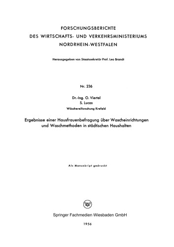 Ergebnisse einer Hausfrauenbefragung über Wascheinrichtungen und Waschmethoden in städtischen Haushalten