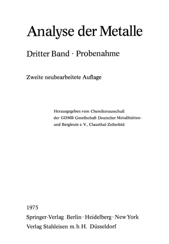 Analyse der Metalle: Dritter Band · Probenahme