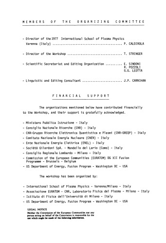 Plasma Transport, Heating and MHD Theory. Proceedings of the Workshop, Varenna, Italy, 12–16 September 1977