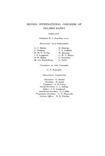 Advances in Polarography. Proceedings of the Second International Congress Held at Cambridge 1959