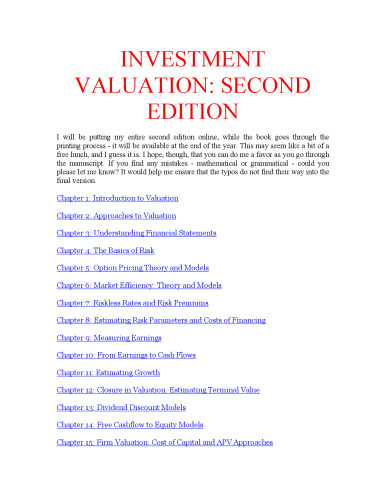 Investment Valuation: Tools and Techniques for Determining the Value of Any Asset, Second Edition, University Edition