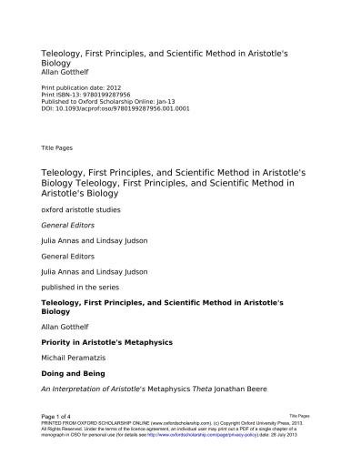 Teleology, First Principles, and Scientific Method in Aristotle's Biology