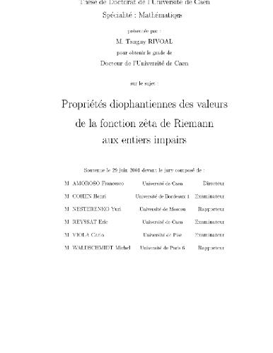 Proprietes diophantiennes des valeurs de la fonction zeta de riemann aux entiers impairs