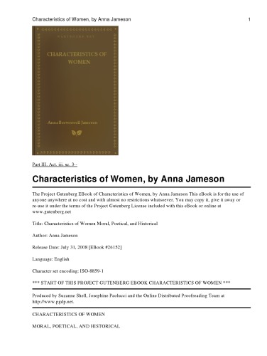 Characteristics of Women: Moral, Poetical and Historical