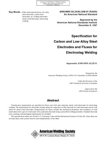 Specification for carbon and low-alloy steel electrodes and fluxes for electroslag welding