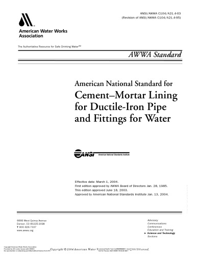 AWWA standard : cement-mortar lining for ductile-iron pipe and fittings