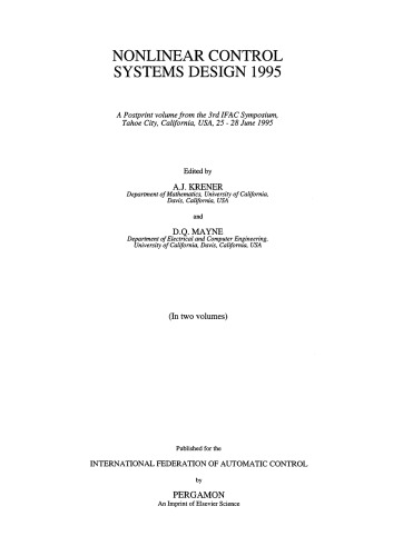 Nonlinear Control Systems Design 1995. A Postprint Volume from the 3rd IFAC Symposium, Tahoe City, California, USA, 25–28 June 1995