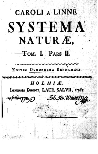 Systema naturae per regna tria naturae: secundum classes, ordines, genera, species cum characteribus, differentiis, sinonimis, locis. Tomus I, [Regnum animale]. [Pars II]. 834 p. Holmiae: Impensis Laurentii Salvii. 1767