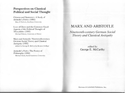 Marx and Aristotle: Nineteenth-Century German Social Theory and Classical Antiquity