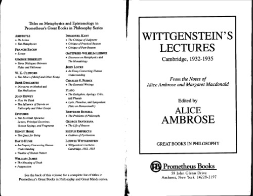 Wittgenstein's Lectures: Cambridge, 1932-1935 (Great Books in Philosophy)