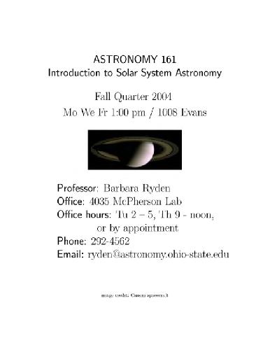 Introduction to solar system astronomy (ASTR 161 lecture notes)