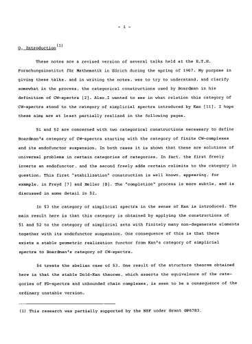 Categorical Constructions in Stable Homotopy Theory: A Seminar given at the ETH, Zürich, in 1967