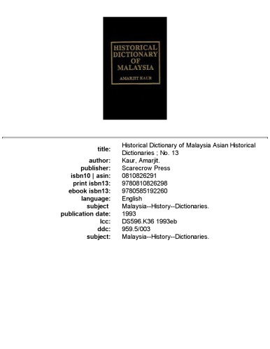 Historical Dictionary of Malaysia (Historical Dictionaries of Asia, Oceania, and the Middle East)