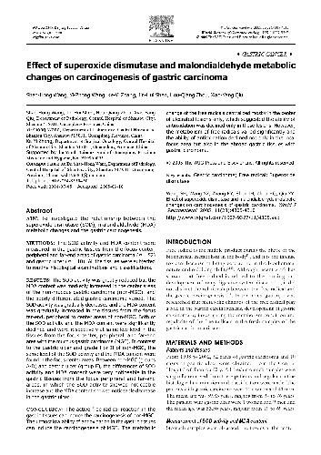 Effect of superoxide dismutase and malondialdehyde metabolic changes on carcinogenesis of gastric carcinoma