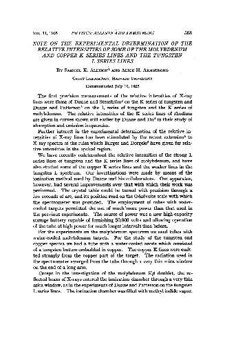 Note on the Experimental Determination of the Relative Intensities of Some of the Molybdenum and Copper K Series Lines and the Tungsten L Series Lines