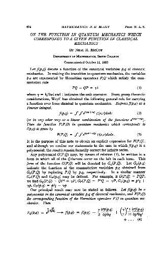 On The Function In Quantum Mechanics Which Corresponds To A Given Function In Classical Mechanics