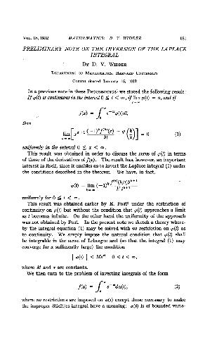 Preliminary Note on the Inversion of the Laplace Integral