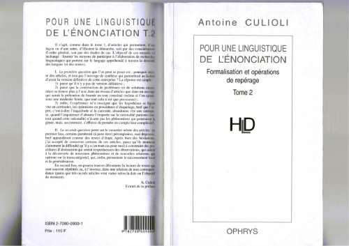 Pour une Linguistique de l'Énonciation - formalisation et opérations de repérage