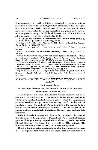 Statistics Seasonal Fluctuations of the Vital Index of a Population