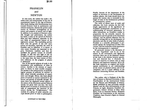 Franklin and Newton: An Inquiry into Speculative Newtonian Experimental Science and Franklin's Work in Electricity as an Example thereof