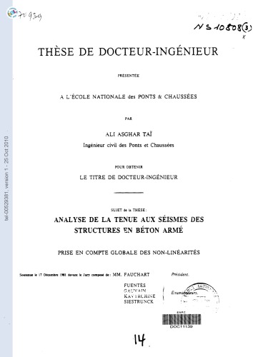 ANALYSE DE LA TENUE AUX SÉISMES DES STRUCTURES EN BÉTON ARMÉ