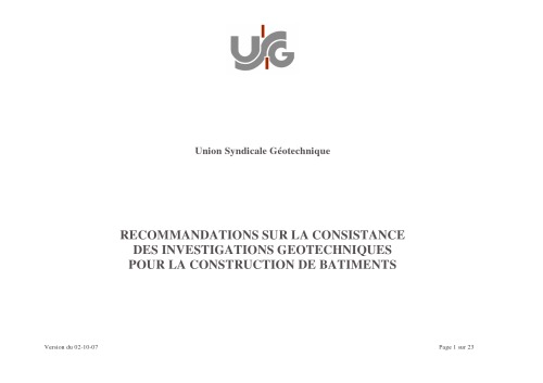 RECOMMANDATIONS SUR LA CONSISTANCE DES INVESTIGATIONS GEOTECHNIQUES POUR LA CONSTRUCTION DE BATIMENTS