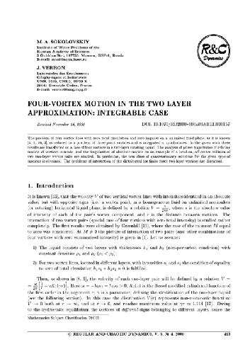 Four-vortex motion in the two layer approximation - integrable case