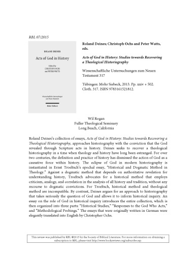 [Article] Review of: Acts of God in History: Studies Towards Recovering a Theological Historiography by Roland Deines