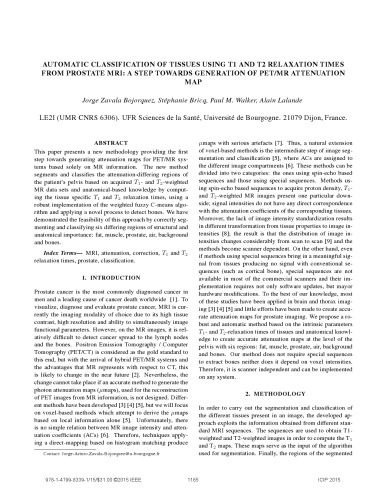 AUTOMATIC CLASSIFICATION OF TISSUES USING T1 AND T2 RELAXATION TIMES FROM PROSTATE MRI: A STEP TOWARDS GENERATION OF PET/MR ATTENUATION MAP