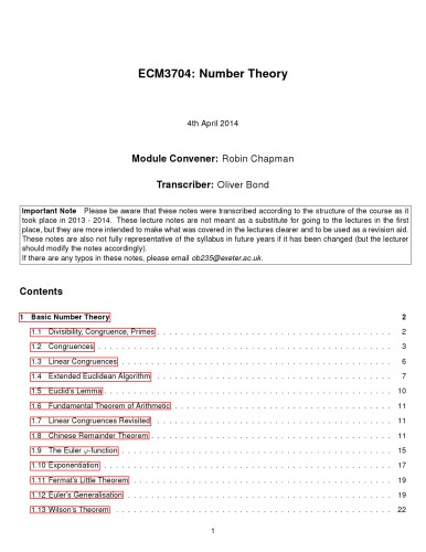 ECM3704: Number Theory [Lecture notes]