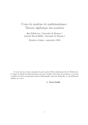 Cours de maîtrise de mathématiques : Théorie algébrique des nombres [Lecture notes]