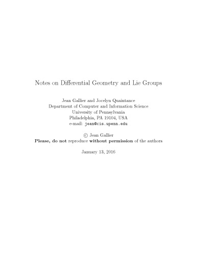 Notes on Differential Geometry and Lie Groups [Lecture notes]