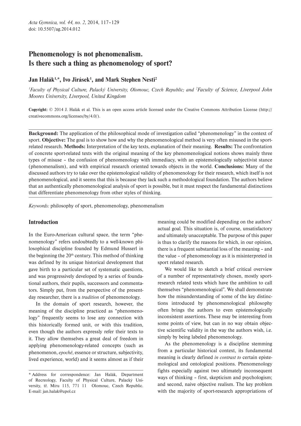 [article] Phenomenology is not Phenomenalism. Is there such a thing as phenomenology of sport?