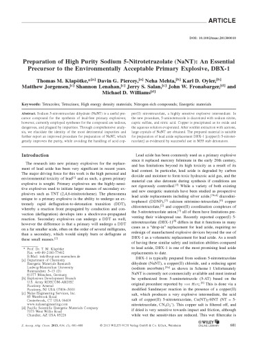 [Article] Preparation of High Purity Sodium 5-Nitrotetrazolate (NaNT) — An Essential Precursor to the Environmentally Acceptable Primary Explosive, DBX-1