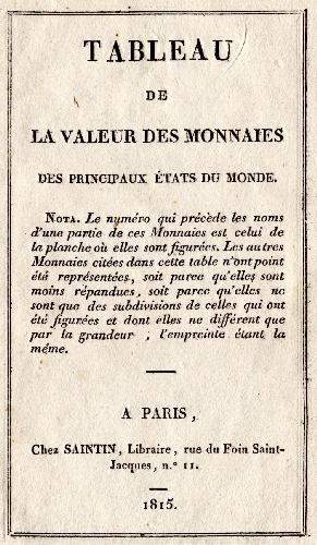 Tableau de la Valeur des Monnaies des principaux etats du monde