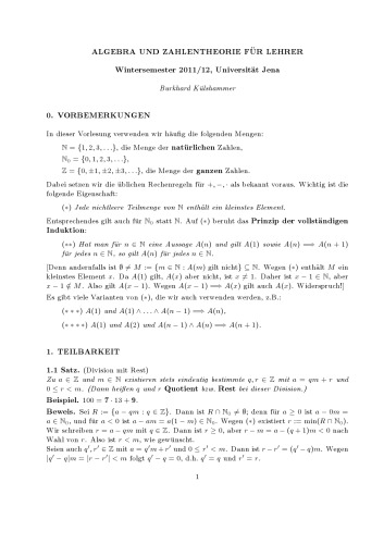 Algebra und Zahlentheorie für Lehrer [Lecture notes]