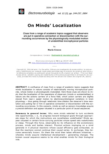 [Article] On Minds’ Localization: Clues from a range of academic topics suggest that observers are put in operative connection or disconnection with the surrounding occurrences by the physiologically modulated motion of unidentified microphysical particles