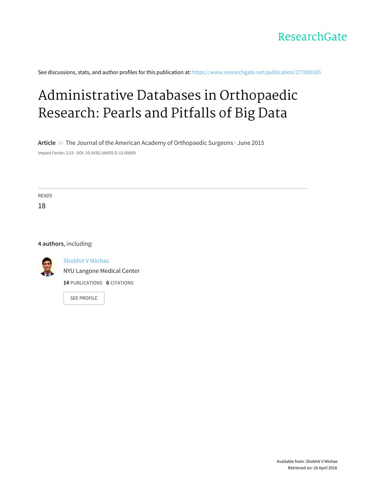 [Article] Administrative Databases in Orthopaedic Research