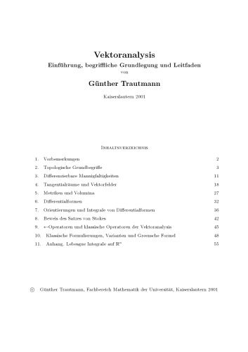 Vektoranalysis: Einfuhrung, begriffliche Grundlegung und Leitfaden [Lecture notes]