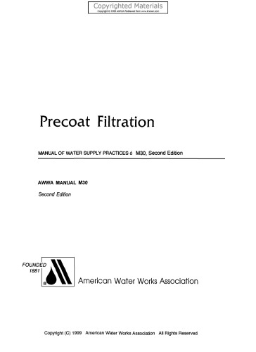 Precoat Filtration (M30): AWWA Manual of Practice