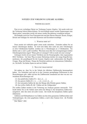 Notizen zur Vorlesung Lineare Algebra