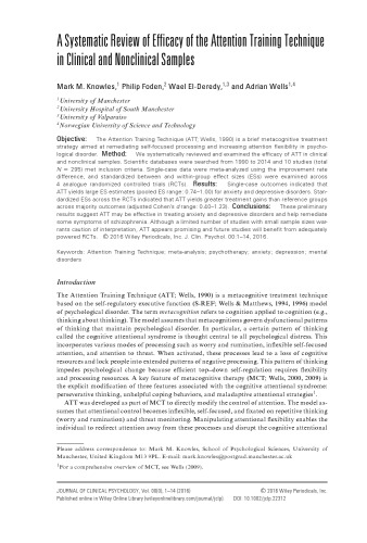 A Systematic Review of Efficacy of the Attention Training Technique in Clinical and Nonclinical Samples