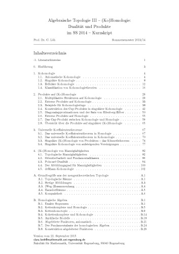 Algebraische Topologie III -- (Ko)Homologie: Dualität und Produkte im SS 2014 -- Kurzskript