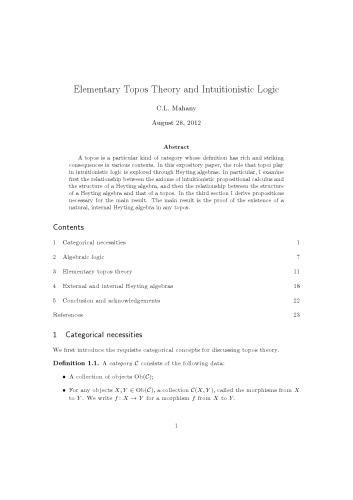 Elementary Topos Theory and Intuitionistic Logic